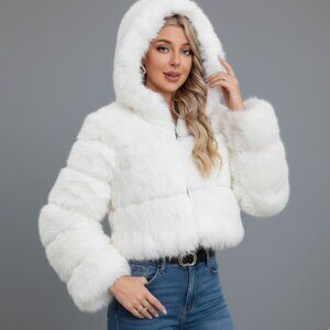 Snow White Faux Fur Hooded Crop Jacket, S NEW